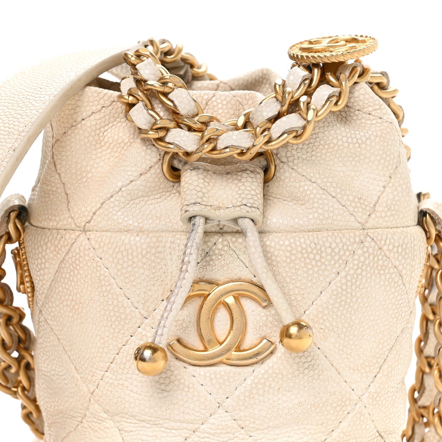 Caviar Quilted Twist Your Buttons Mini Bucket Bag White