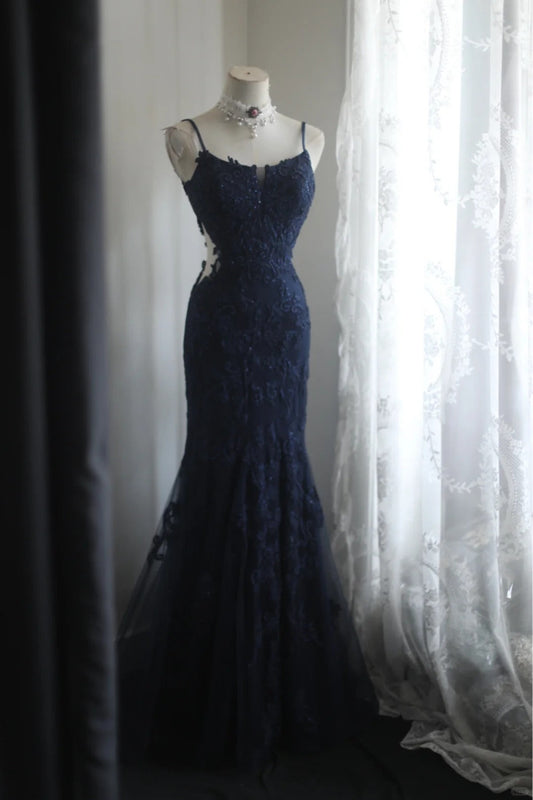 Elegant Navy Blue Mermaid Spaghetti Strap Lace Long Prom Dress Evening Dress P4243