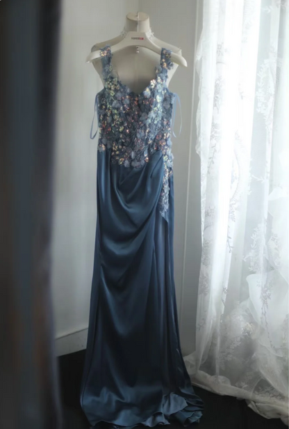 Gorgeous Blue Off-Shoulder Sequined 3D Floral Satin Long Prom Dress Evening Dress P4245