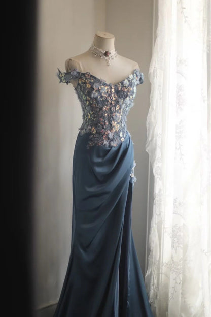 Gorgeous Blue Off-Shoulder Sequined 3D Floral Satin Long Prom Dress Evening Dress P4245
