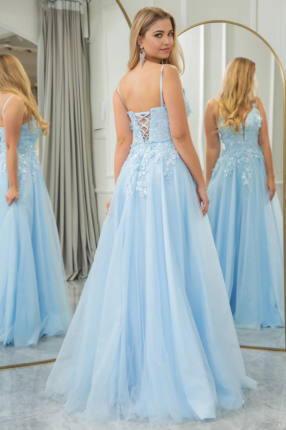 omberprom A Line Tulle Long Prom Dress With Sequined Light Blue Evening Dress Appliques