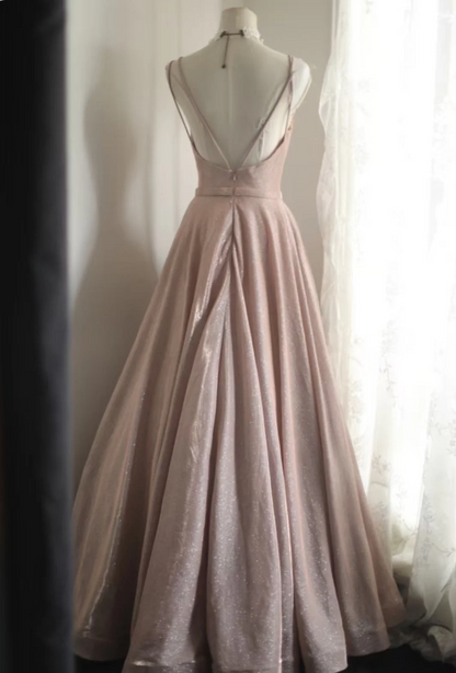 Sweet Pink A-line V-neck Sequined Long Prom Dress Evening Dress Bridesmaid Dress P4246