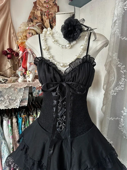 Vintage Black Sweetheart Design Elegant Spaghetti Strap Tiered Homecoming Dress TP3537