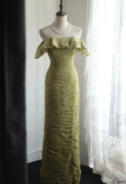 Vintage Green Fitted Off-Shoulder Ruffled Chiffon Long Prom Dress Evening Dress P4247