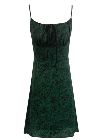 2025 Summer New Retro Sexy Floral Green A-line Short Suspender Dress R0934
