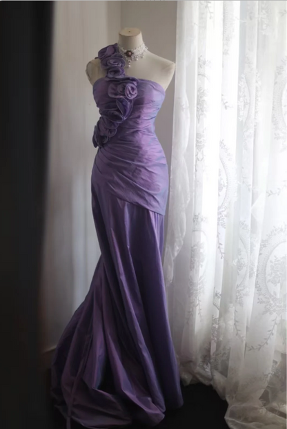 Retro Elegant Purple 3D Floral One-Shoulder Mermaid Satin Long Prom Dress Evening Dress P4249