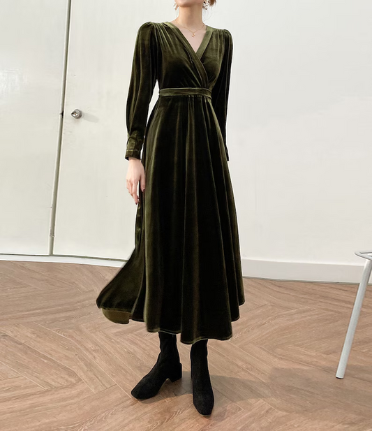 omberprom Elegant Velvet Dress Ruched Long Sleeve Formal Dress for Wedding Guest