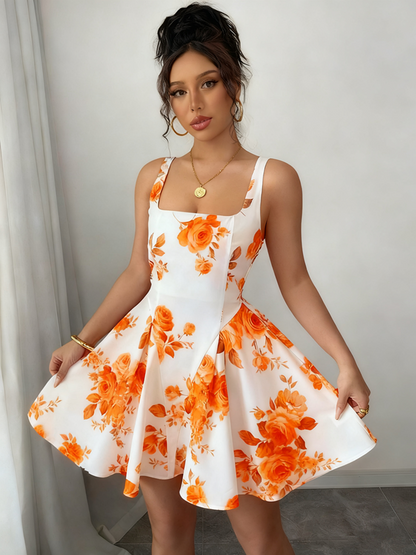White background printed halter waist slim A-line short skirt homecoming dress R3210