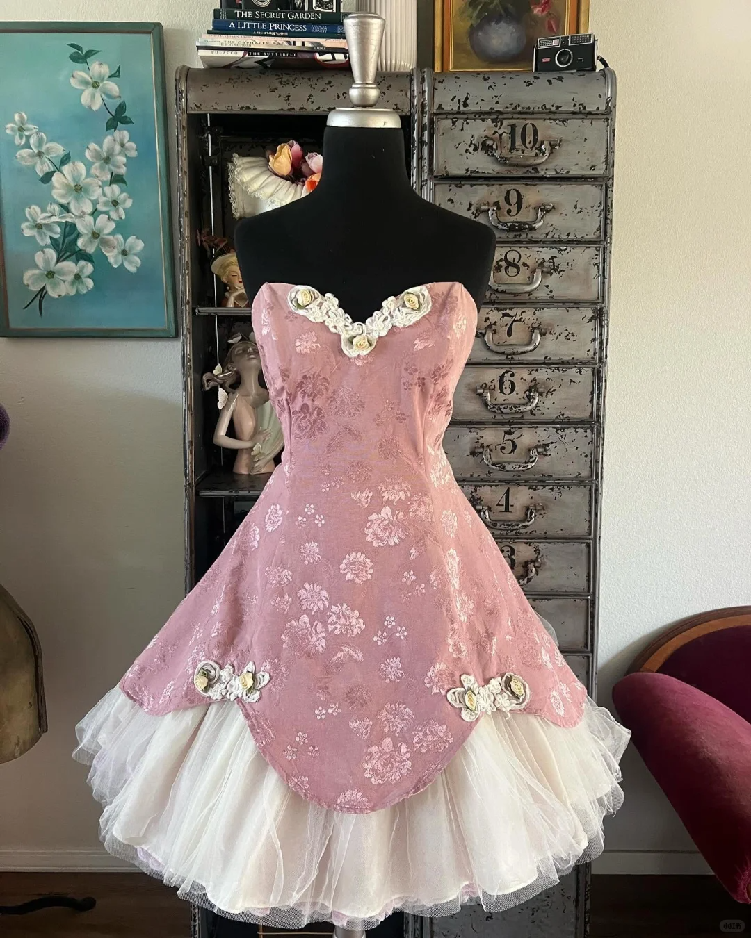 Pink tube top waist print sexy puffy princess tulle skirt homecoming dress R4206