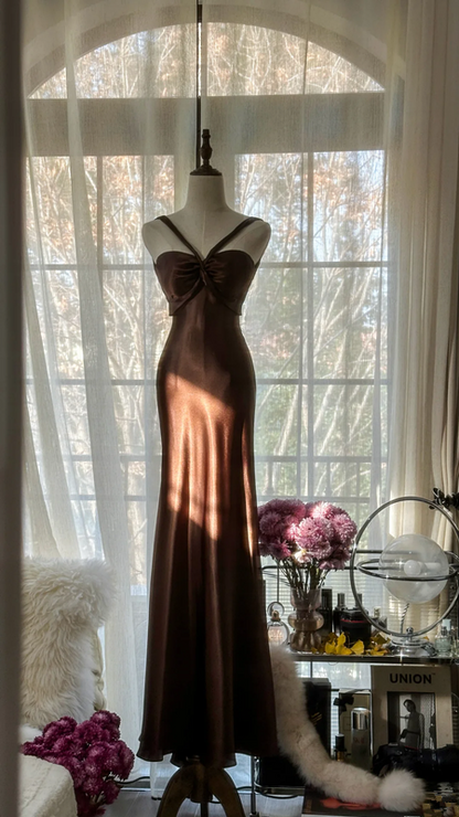 Dark brown halter-neck, fitted, backless, sexy, long ball gown R7704