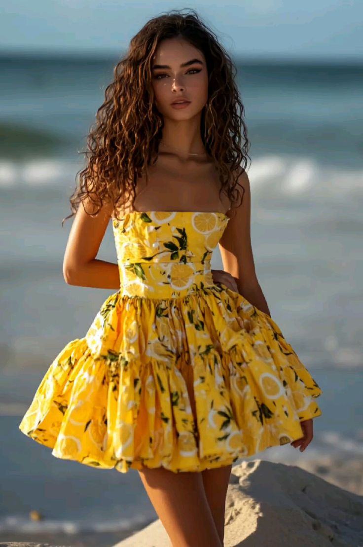 Retro Yellow Floral Tube Top Waist Puffy Skirt Homecoming Dress R3178