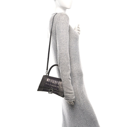 Shiny Calfskin Crocodile Embossed Small Hourglass Top Handle Bag Dark Grey