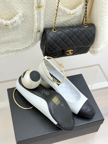 CC 26C Ribbon Camellia Mary Jane With Giant Pearl Black White Lambskin