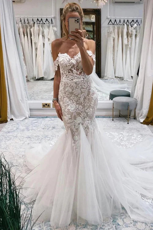 omberprom Elegant Off the Shoulder Long Lace Mermaid Wedding Dress