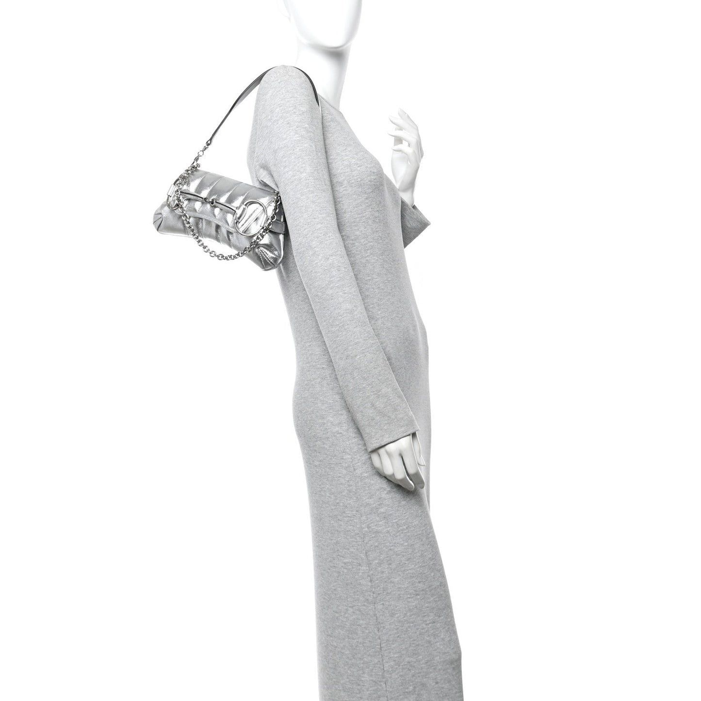 Metallic Nappa Vertical Matelasse Small Maxi Horsebit Chain Shoulder Bag Silver