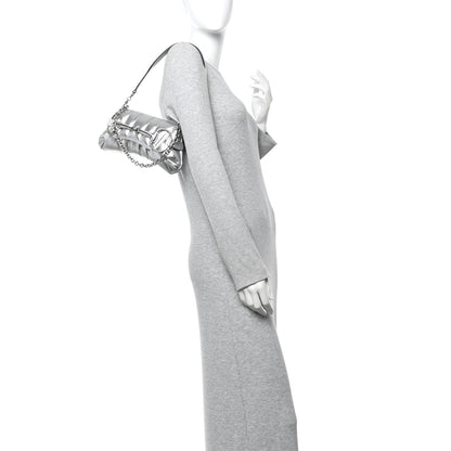 Metallic Nappa Vertical Matelasse Small Maxi Horsebit Chain Shoulder Bag Silver
