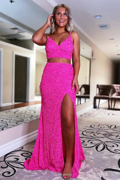 omberprom Two Piece Fashion Graduation Dresses Mermaid Sequins Prom Dress with Slit
