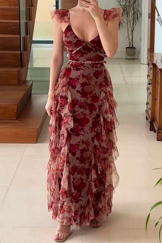 Retro red floral chiffon waist slim long skirt homecoming dress R3438