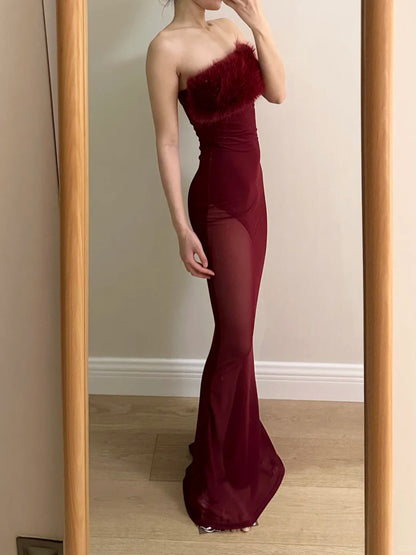 Sexy Burgundy Mermaid Strapless Mesh Long Prom Dress Evening Dress P4256