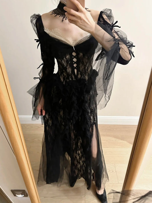 Dark Vintage Black Long Sleeve High-Slit Lace Tulle Prom Dress Evening Dress P4257