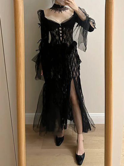 Dark Vintage Black Long Sleeve High-Slit Lace Tulle Prom Dress Evening Dress P4257
