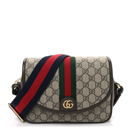 GG Supreme Monogram Textured Dollar Calfskin Web Studded Mini Ophidia Flap Shoulder Bag Beige Ebony New Acero