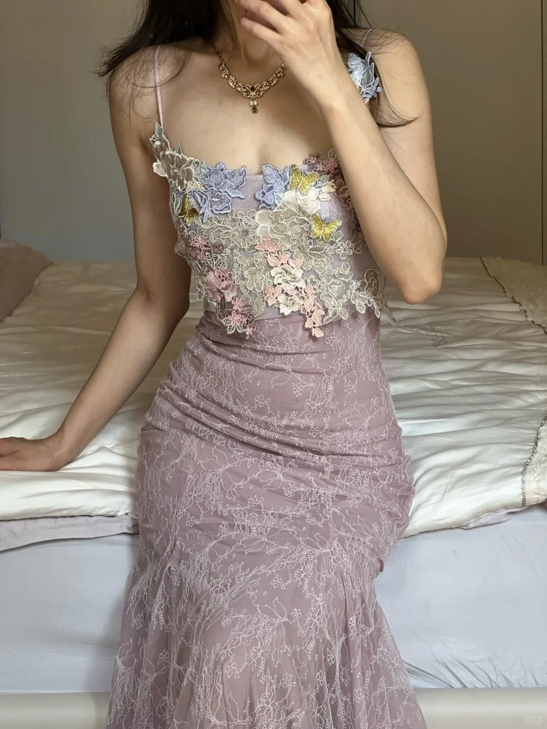 Elegant Light Purple Mermaid Square Neck 3D Floral Lace Long Prom Dress Evening Dress P4258