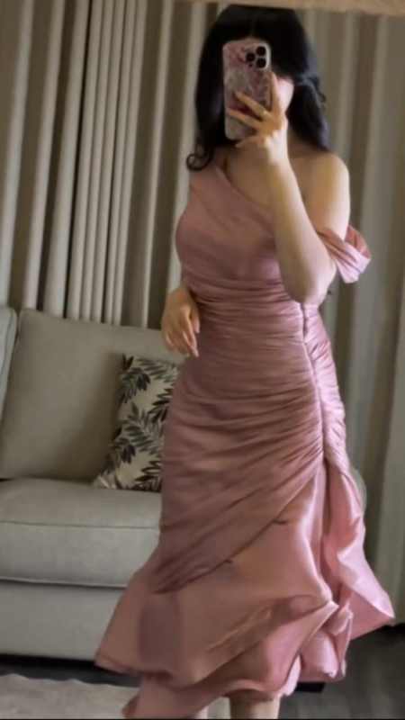 Pink Asymmetric Ruched Mermaid Evening Dress _ Satin Ruffled Formal Gown TP5072