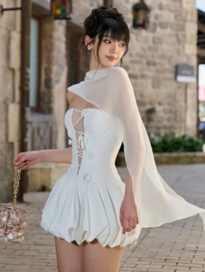 White tube top deep V waist slim flower bud skirt short skirt homecoming dress R4448