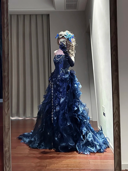 Blue strapless fitted long ball gown R8633