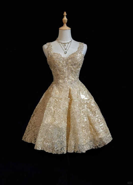 Gold lace hollow strap waist A-line princess short dress homecoming dress R4897