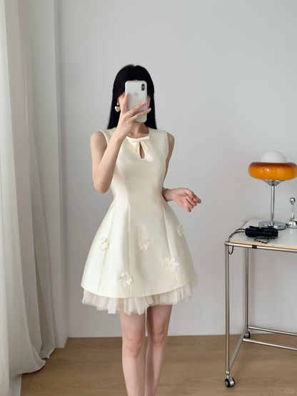 White satin neckline hollow design waist slim A-line skirt short skirt homecoming dress R4207
