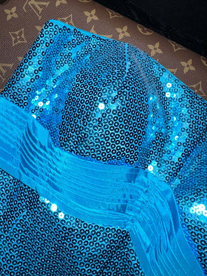 Blue strapless sequined fitted long ball gown R6989