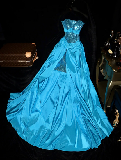 Blue strapless sequined fitted long ball gown R6989