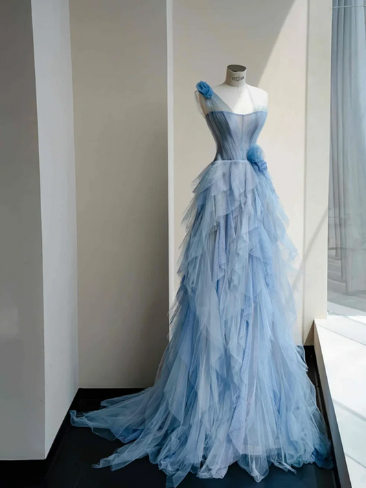Blue one-shoulder slim waist cake skirt long dress, prom dress R5675