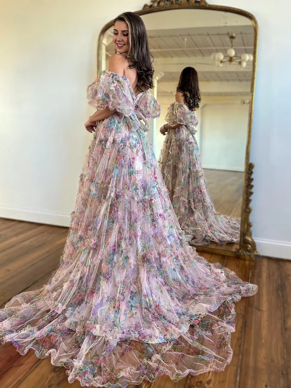 omberprom A Line Evening Dress Off The Shoulder Floral Tulle Prom Dress