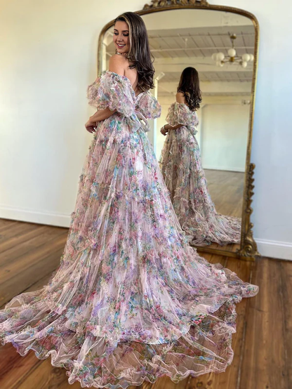omberprom A Line Evening Dress Off The Shoulder Floral Tulle Prom Dress