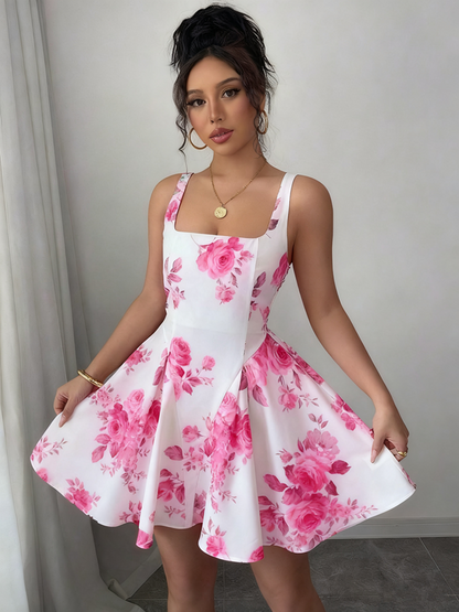 White background printed halter waist slim A-line short skirt homecoming dress R3210