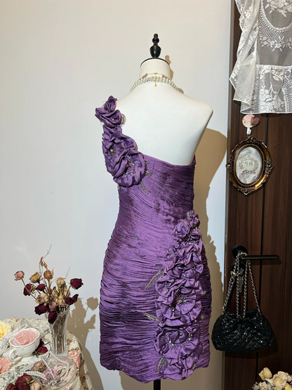 Purple asymmetrical neckline three-dimensional flower pleated waist hip sexy short skirt homecoming dress R4246