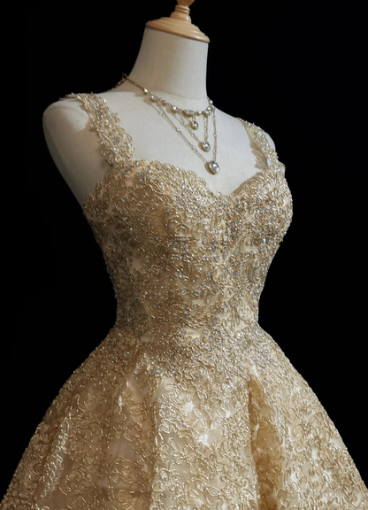 Gold lace hollow strap waist A-line princess short dress homecoming dress R4897