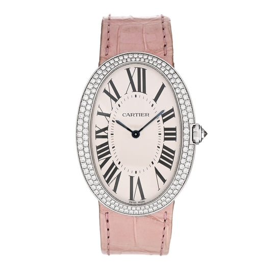 18K White Gold Alligator Diamond Bezel 33mm Baignoire Manual Winding Watch Pink