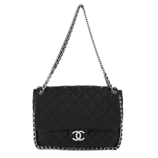Washed Lambskin Quilted Maxi Chain Around Flap Black