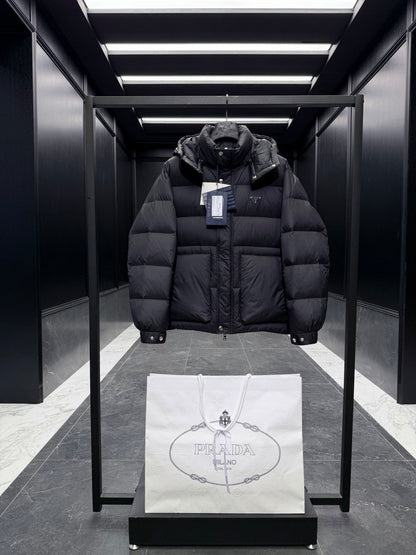 Prada 2025 Quilted Hooded Jacket Black Nylon Down