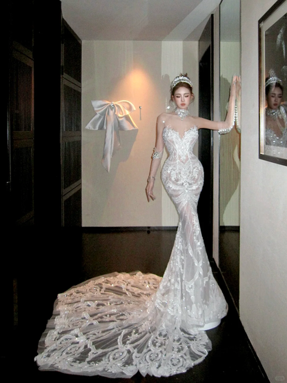Elegant Glittering Beaded Sequined Applique Sweetheart Design Mermaid Wedding Dress Prom Dress Evening Dress TP4231