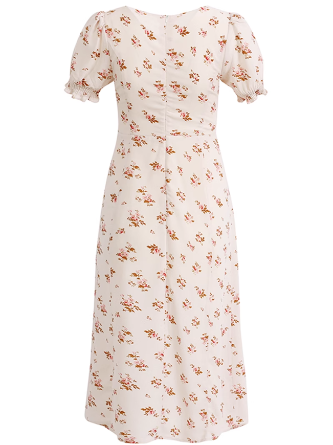 2025 Summer New French Square Neck Puff Sleeve Mid-Length Floral Waist Dress R0928