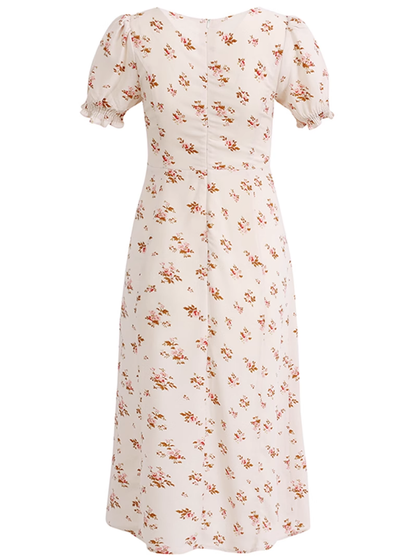 2025 Summer New French Square Neck Puff Sleeve Mid-Length Floral Waist Dress R0928
