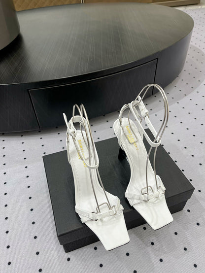SL ANKLE-BUCKLE HEELED SANDALS WHITE CALFSKIN