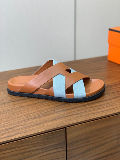 HM Kazimir Sandal Light Blue Brown Canvas Calfskin 294000