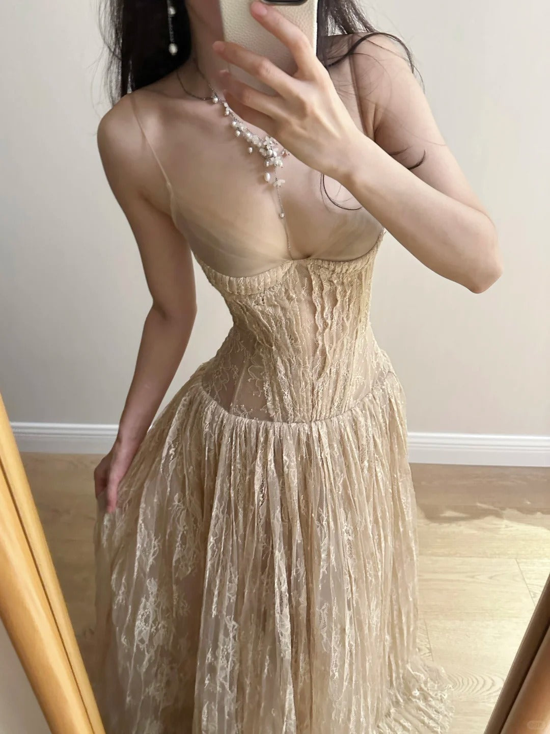 Elegant Nude Apricot A-line Deep V Halter Lace Long Prom Dress Evening Dress Bridesmaid Dress P4265