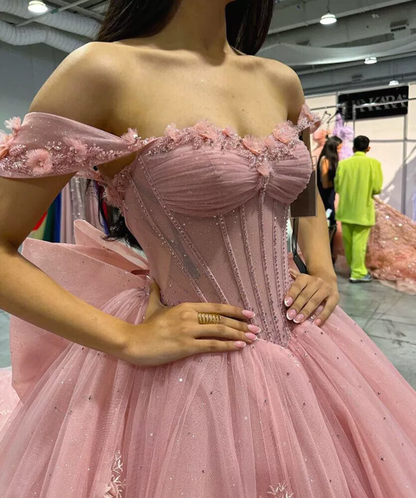 Pink Tulle Quinceanera Dresses for Sweet 16,Off-Shoulder Ball Gowns for Prom S6939